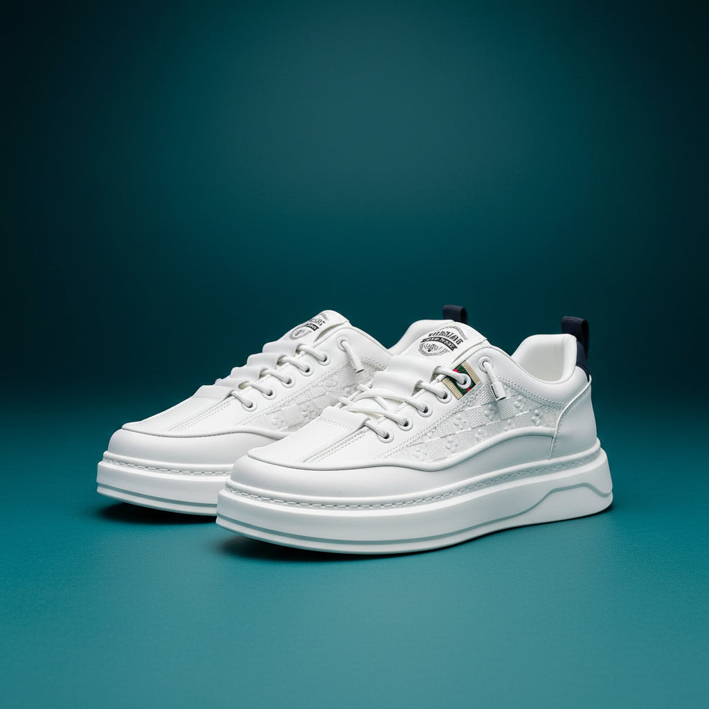 White sneaker with visible branding on a dark surface