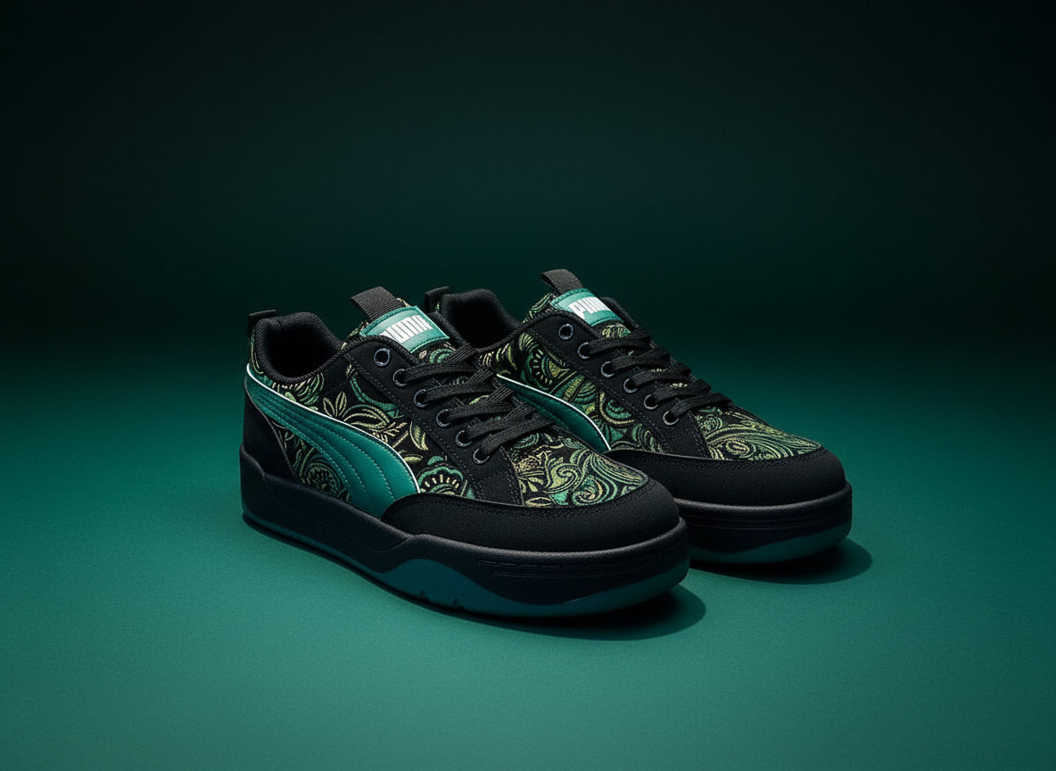 Black and green patterned casual shoes with a red 'Fashion' box in the background.